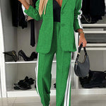 Margovil Patchwork Notch Lapel Pocketed Blazer Elastic Waist Wide Leg Pants Casual Set