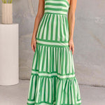 Margovil Spaghetti Strap Ruffle Tiered Color Block Striped Maxi Dress
