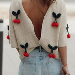 Margovil Short Sleeves Button Up Cherry Decorative Knit Sweater