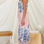 Spaghetti Strap Scenic Print Lace Trim Button Front Maxi Dress