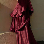 Margovil Adjustable Strap Ruffle Layered Satin Maxi Dress