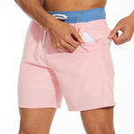 2 In 1 Solid Color Drawstring Swim Shorts With Pocket