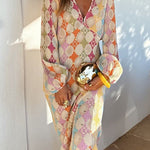 Margovil V Neck Lantern Sleeves Geometric Print Maxi Dress