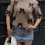 Crewneck Short Sleeves Bow Decorative Sweater Top