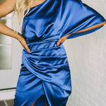 One Shoulder Satin Drape Dress