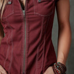 Vintage Short-sleeved Zippered Placket Denim Blouse