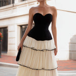 Strapless Contrast Tiered A-Line Midi Dress