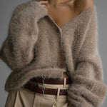 Solid Color Loose V-neck Long-sleeved Lazy Knitted Cardigan