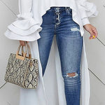 Flared Sleeves High-Low Solid Color Split-Joint Tiered Round-Neck T-Shirts Tops