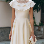 Ruffled Neckline Cap-Sleeve A-Line Midi Dress