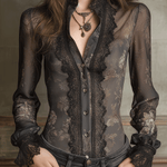 Vintage Boho Elegance Black Sheer Lace Trim Fitted Blouse