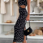 Roxane Polka Dot Print Shoulder Pad Metal Cutout Waist Slit Stretch Maxi Dress