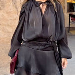 Margovil Long Sleeves Lace-up Tie Waist Ruffle Mini Dress