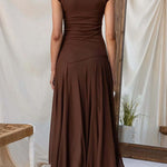 Mockneck Cap Sleeves Ruched Mesh Maxi Dress