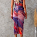 Side Split Ruched Mesh Tie Dye Midi Cami Dress
