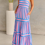 Margovil Spaghetti Strap Tiered Color Block Striped Maxi Dress