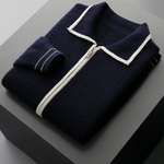 PURE EXTRA-FINE MERINO WOOL TWO-TONE POLO CARDIGAN
