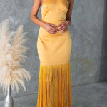 Margovil Halter Neck Patchwork Fringe Hem Satin Maxi Dress