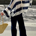 Margovil Lantern Sleeves Button Down Color Block Stripes Sweater with Scarf
