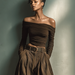 Women's Fashionable And Sexy Dark Brown Off-the-shoulder Long-sleeved Fitted Top Paired With Matching Wide-leg Trousers