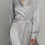 Women's Elegant Grey Satin Shirt-collar Long Dress With Tie Detail