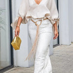 Joyful Bond Linen Blend V-neck Knotted Cuff Half Sleeve Loose Top