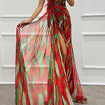 Amazing Views Watercolor Print Feather Rose Detail Off Shoulder Pleated Slit Maxi Dress