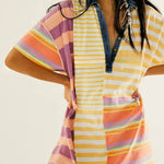 Mid-length Sleeve Lapel Contrast Striped Loose Casual Dress