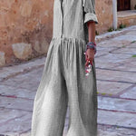 Long Sleeves Loose Buttoned Plaid Pleated Split-Joint Lapel Jumpsuits