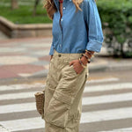 Loose Wide Leg Buttoned Pockets Solid Color Split-Joint Capri-Pants Cropped Trousers