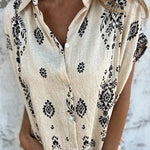 Linen Blend Unique Print Lapel Casual Pocket Mini Dress