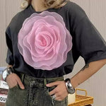 Loose T-shirt Three-dimensional Mesh Camellia Cotton Short-sleeved Top