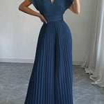 Loose Short Sleeves Pleated Solid Color Split-Joint V-Neck Jumpsuits