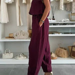 Leva Linen Blend Drawstring Short Sleeve Top and Elastic Waist Pocket Loose Tapered Pants