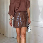 Brown off-shoulder sequined fashion suit