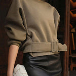 Long Sleeves Loose Belt Buckle Solid Color Round-Neck Sweatshirt Tops