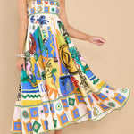 Joyful Glow Goddess Linen Blend Unique Print Pocketed Smocked Back Midi Dress