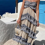 Ultimate Island Linen Blend Fringed Patchwork Cutout Halter Maxi Dress