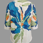 Half Sleeves Loose Buttoned Contrast Color Flower Print Round-neck T-Shirts Tops