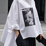 A-Line High-Low Buttoned Pockets Printed Split-Side Stand Collar Blouses&Shirts Tops