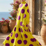 Long Sleeves Loose Big Hemline Contrast Color Pleated Polka Dot Split-Joint Half Turtleneck Maxi Dresses
