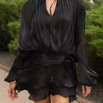 Margovil Long Sleeves Lace-up Tie Waist Ruffle Mini Dress