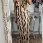 Margovil Halter V Neck Backless Color Block Crochet Maxi Dress