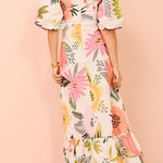 Margovil Square Collar Puff Sleeves Floral Print Cotton Linen Ruffle Maxi Dress