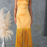 Margovil Halter Neck Patchwork Fringe Hem Satin Maxi Dress