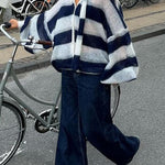 Margovil Lantern Sleeves Button Down Color Block Stripes Sweater with Scarf