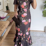 Crewneck Short Sleeves Floral Print Ruffle Hem Midi Dress