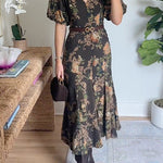 V Neck Puff Short Sleeves Floral Print Midi Dress