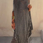 Cowl Neck Irregular Tassel Poncho Pullover Sweater