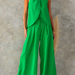 Sleeveless Halter Slit Top Tie Waist Wide Leg Pants Set